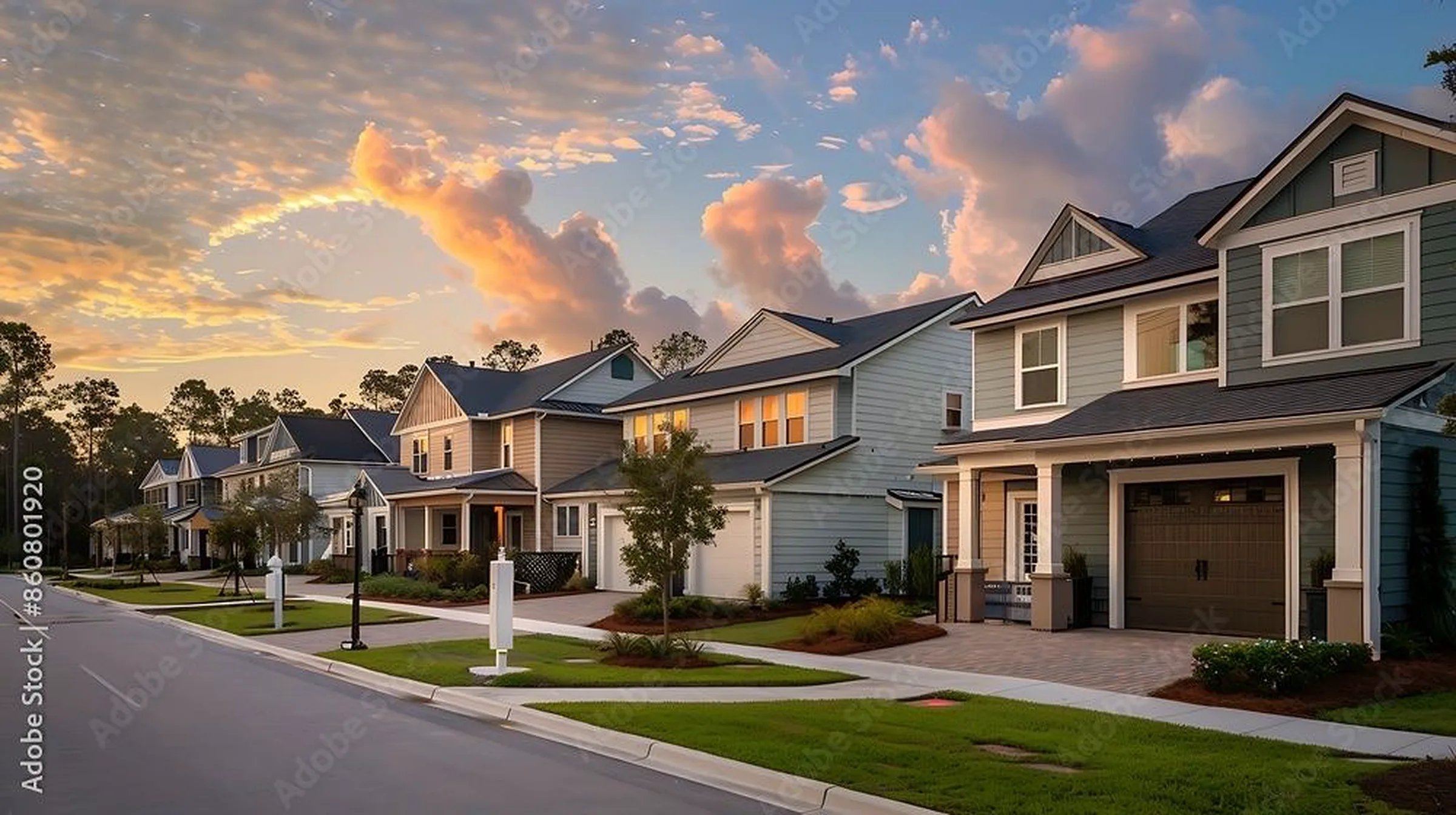 A residential street at sunset: two-storey homes with pitched roofs and covered porches set behind lawns and young trees, under a sky of pink and gold cloud.