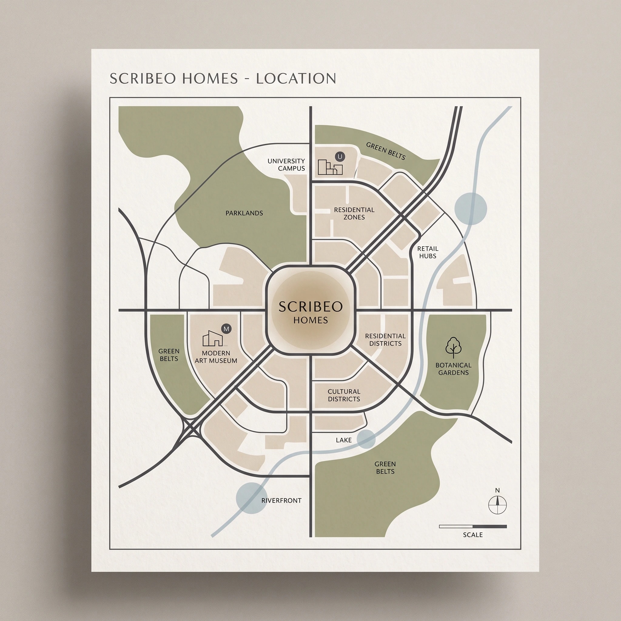 Location plan titled Scribeo Homes: the development at the centre of a ring road, surrounded by parklands, green belts, a university campus, a modern art museum, botanical gardens, residential and cultural districts, a lake and a riverfront.